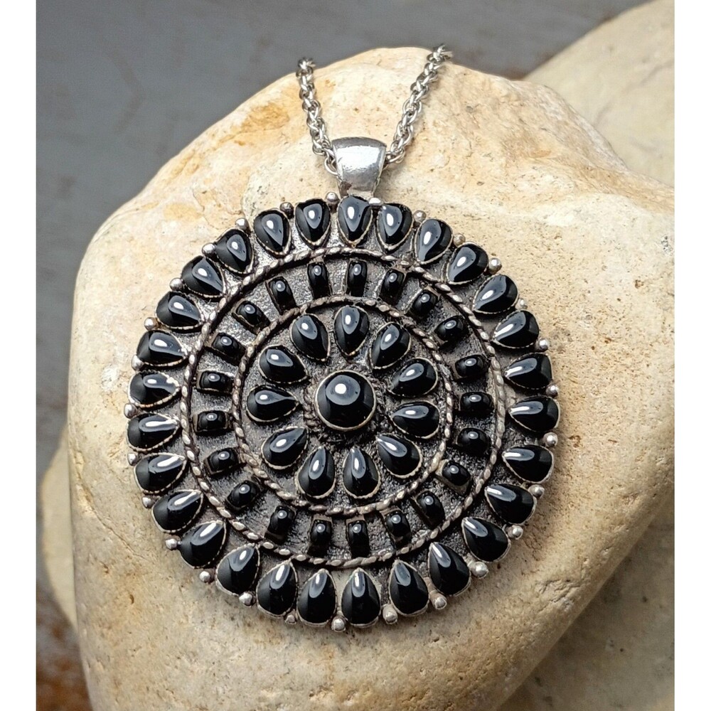Vintage Silver Black Enamel Medallion Sterling Silver Necklace